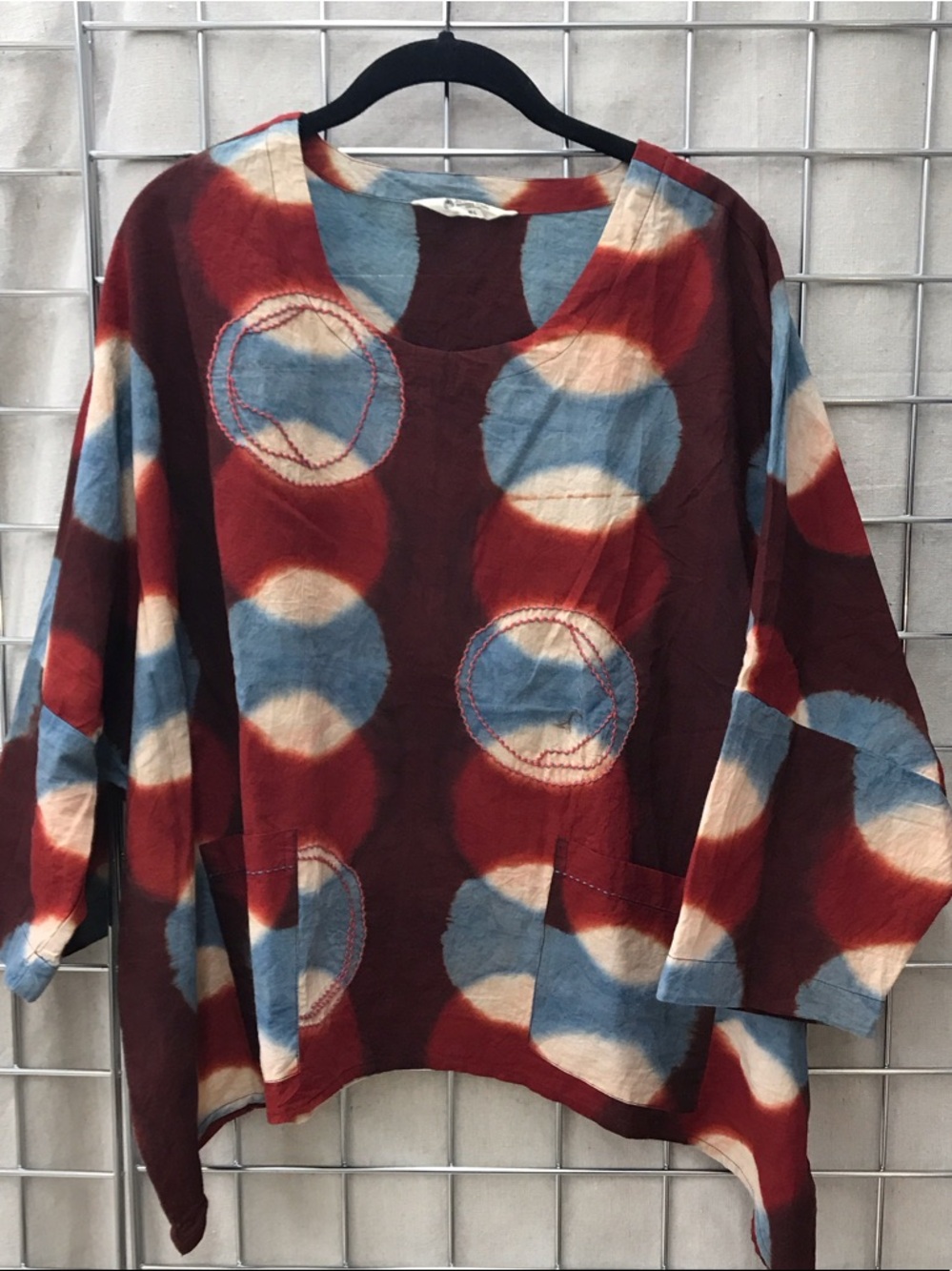 Boho Circle-Print Tunic Top in Burgundy, Blue & Cream